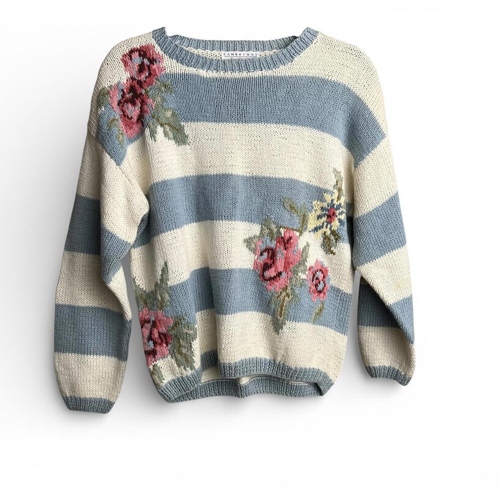 Vintage Cambridge DryGoods Striped Knit Sweater with Floral Embroidery